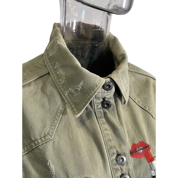 Free People Moonchild Military Shacket Med Green Denim Shirt Jacket Distressed - Picture 3 of 16